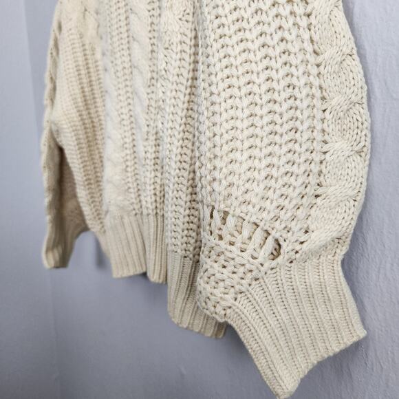 NWT Cream Cable Knit Turtleneck Sweater Balloon Sleeve Chunky Knit S/M - Picture 6 of 12